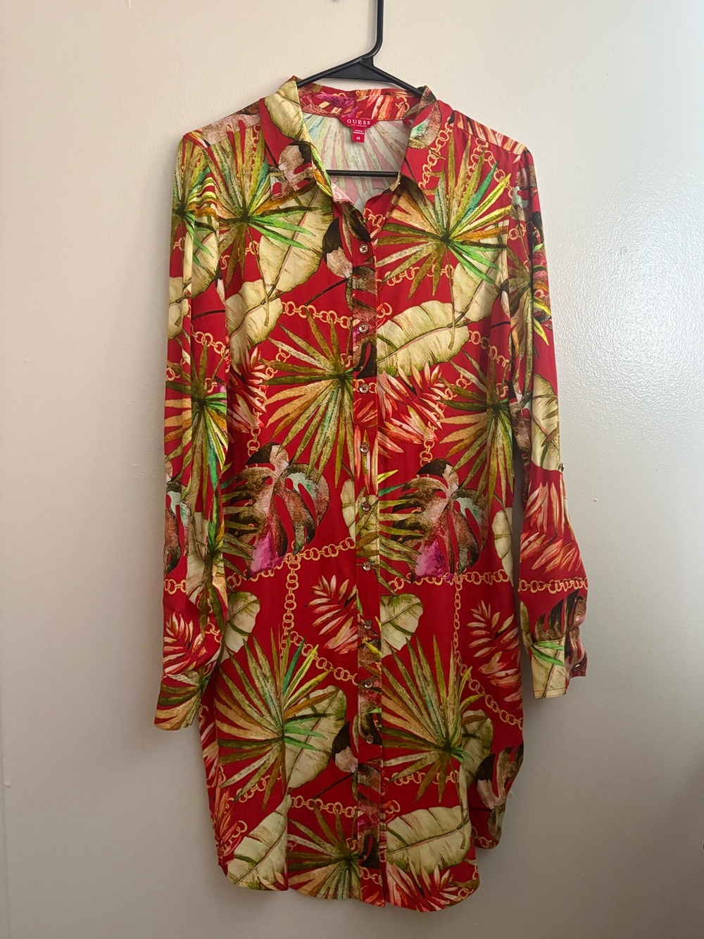 GUESS Red Tropical Botanical Chain Print Shirt Dress Size M